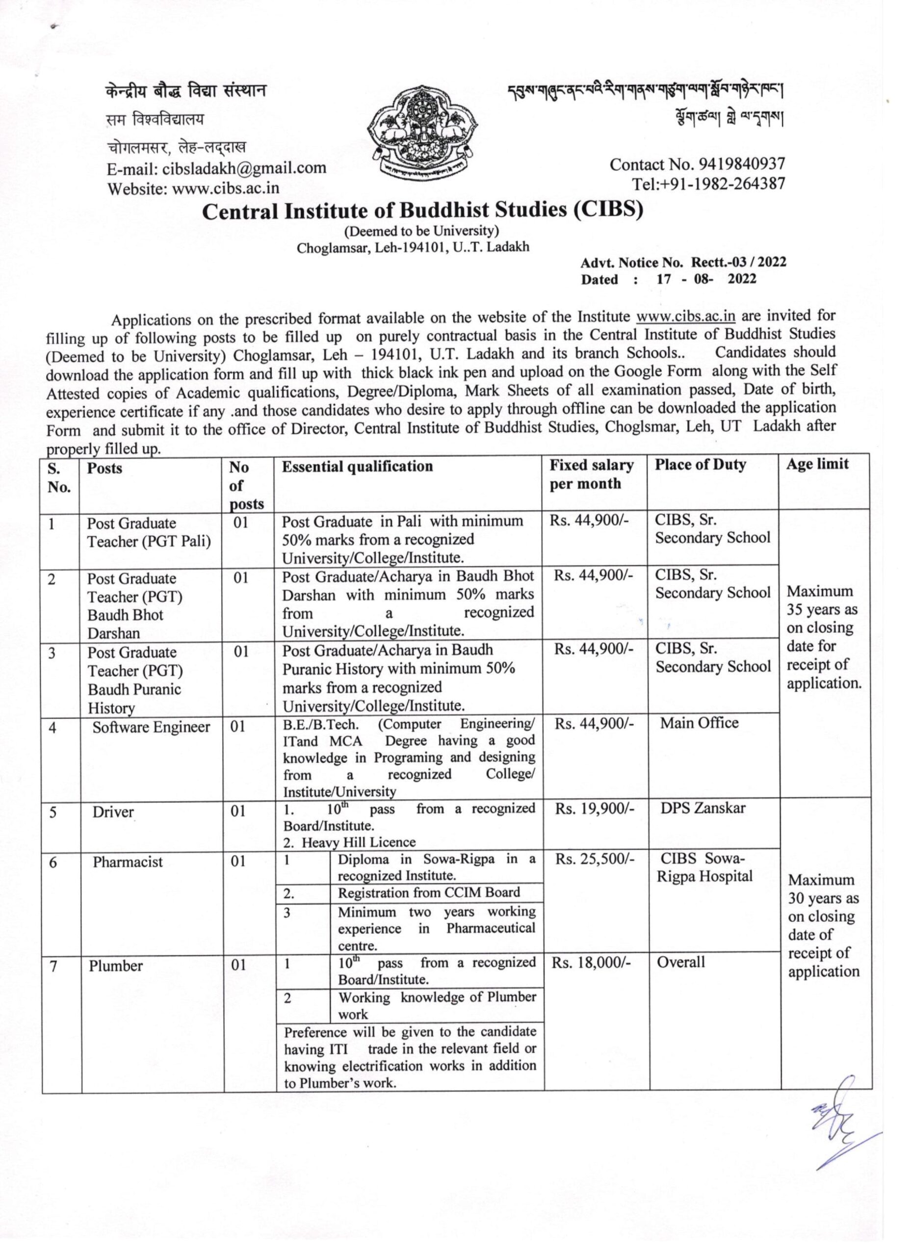Extension of last date for online application for various contractual  positions in University of Ladakh.