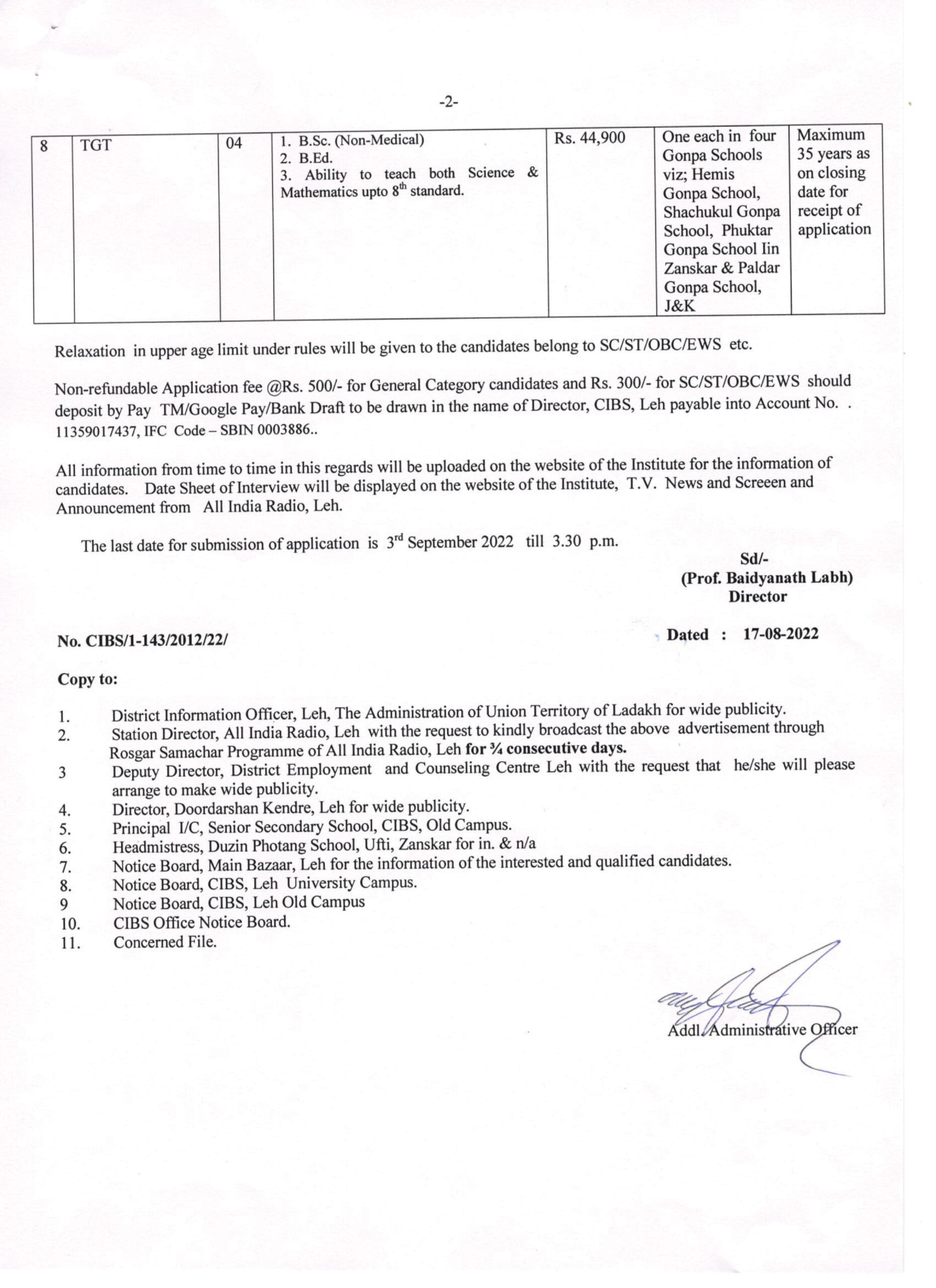 Extension of last date for online application for various contractual  positions in University of Ladakh.